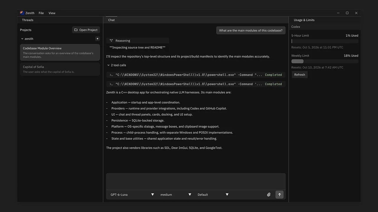 Zenith desktop application interface
